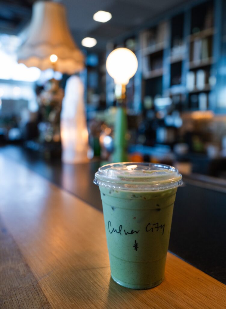 “Culver City Photographer, Emily Winnie, visits Mill Cross Coffee and enjoys an iced strawberry matcha latte”